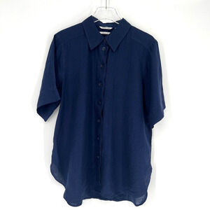 Country‎ Road Top Womens 12 Organic Linen Blue Button Up Collared Classic Scandi